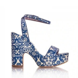 Tabitha Simmons Calla Blue & Ecru Floral Printed Leather Platform Heels Sandals